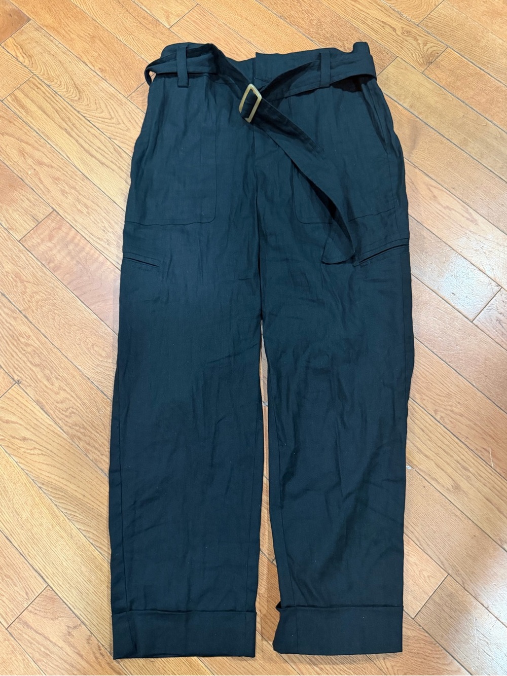 Vince Black Belted Linen Blend Cargo Pants Drop Waist Cropped Size M